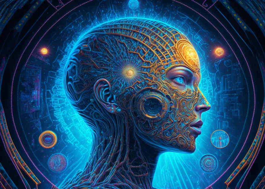 a painting of a woman's head with an intricate pattern on it. art, font, circle, pattern, symmetry, electric blue, space, graphics, illustration, visual arts