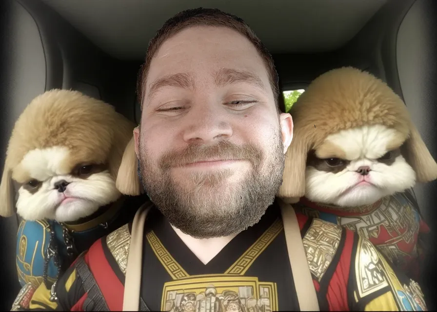 a man sitting in the back of a car with two small dogs on his shoulders. nose, skin, chin, mouth, facial expression, beard, toy, ear, smile, whiskers