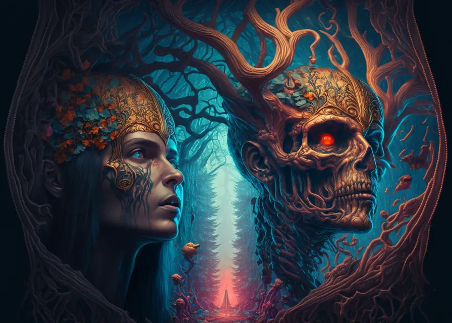 a painting of a woman and a skeleton in a forest. art, headgear, aqua, beauty, electric blue, painting, cg artwork, event, darkness, visual arts