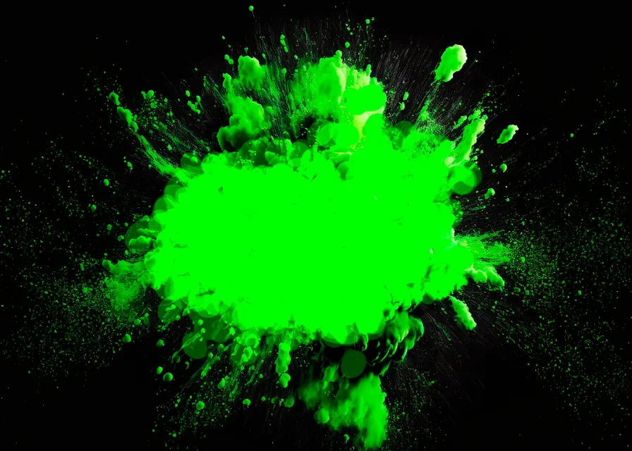 a green colored substance is in the air. water, organism, font, art, gas, astronomical object, circle, visual effect lighting, science, event