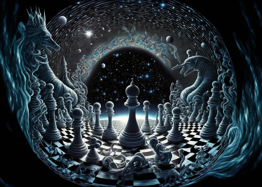 a painting of a chess board with chess pieces on it. water, liquid, world, natural environment, flash photography, organism, art, font, astronomical object, circle