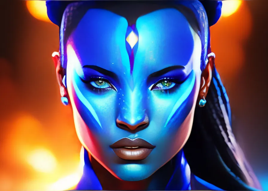 a woman with blue skin and blue makeup. head, eye, eyelash, headgear, art, black hair, painting, electric blue, fictional character, entertainment