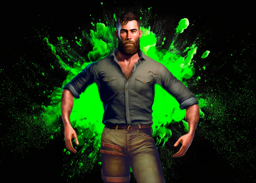 a man standing in front of a green background. jeans, plant, people in nature, flash photography, gesture, entertainment, performing arts, music artist, visual effect lighting, happy