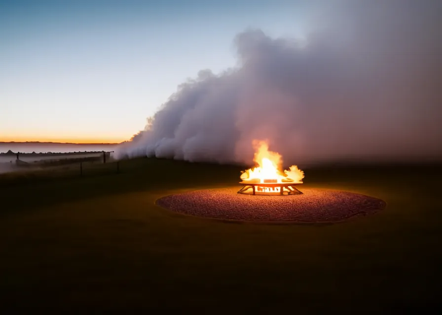 a fire pit in the middle of a field. sky, natural environment, heat, pollution, gas, flame, horizon, event, landscape, fire