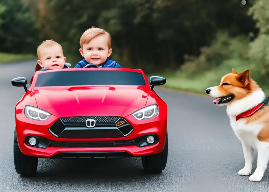 a little boy riding in a red toy car next to a dog. tire, car, vehicle, smile, dog, vehicle registration plate, grille, wheel, vertebrate, motor vehicle