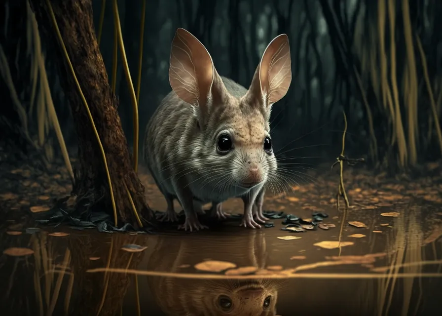 a mouse standing in the middle of a forest. organism, whiskers, fawn, rodent, grass, terrestrial animal, tail, snout, rabbits and hares, wood