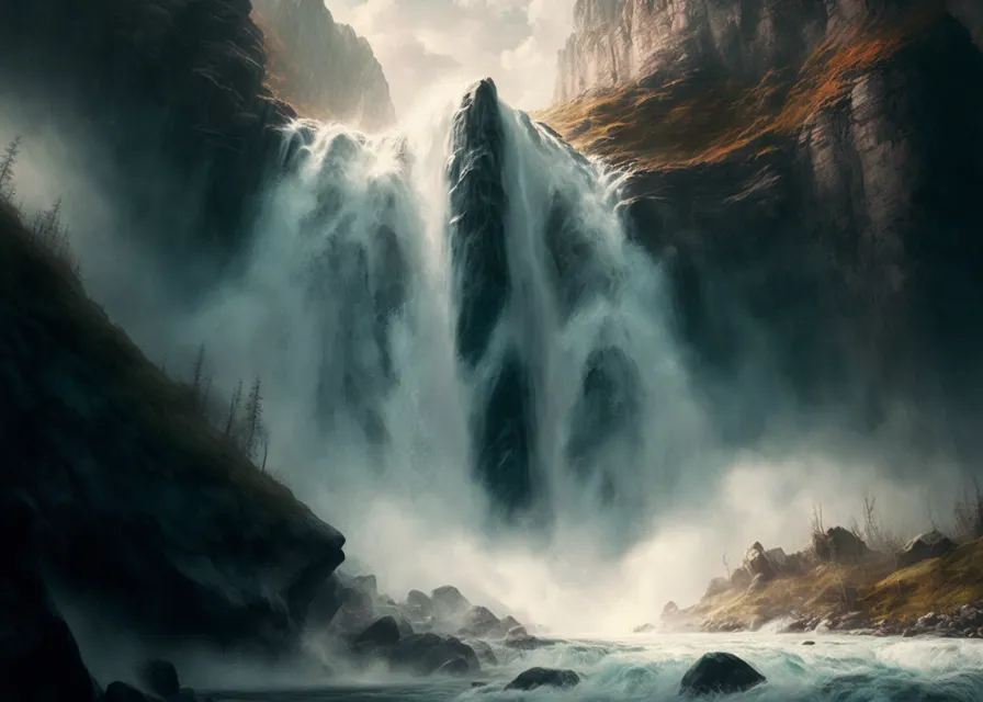 a painting of a waterfall in the middle of a forest. water, cloud, water resources, light, sky, nature, natural landscape, waterfall, watercourse, body of water