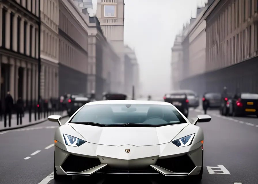 a white car driving down a street next to tall buildings. wheel, tire, car, automotive parking light, vehicle, automotive lighting, white, sky, hood, automotive design