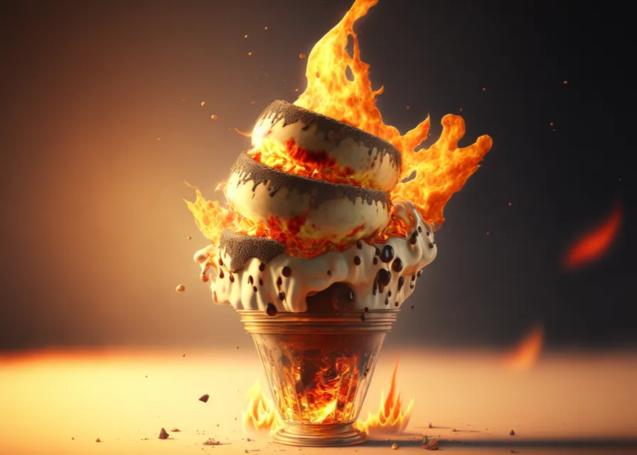 a cup of ice cream with fire coming out of it. liquid, light, amber, orange, fire, sky, flame, cloud, gas, heat