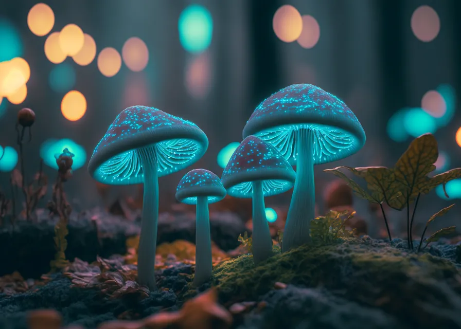 a group of blue mushrooms sitting on top of a forest. sky, water, light, mushroom, natural environment, leaf, plant, branch, natural landscape, organism