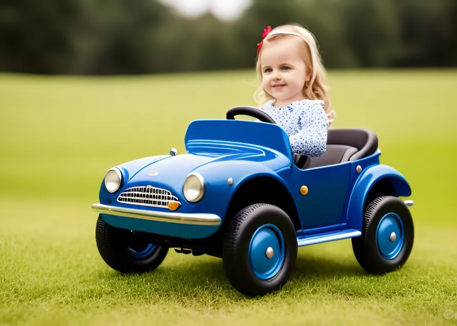 a little girl sitting in a blue toy car. face, wheel, tire, smile, eye, vehicle, blue, natural environment, hood, car