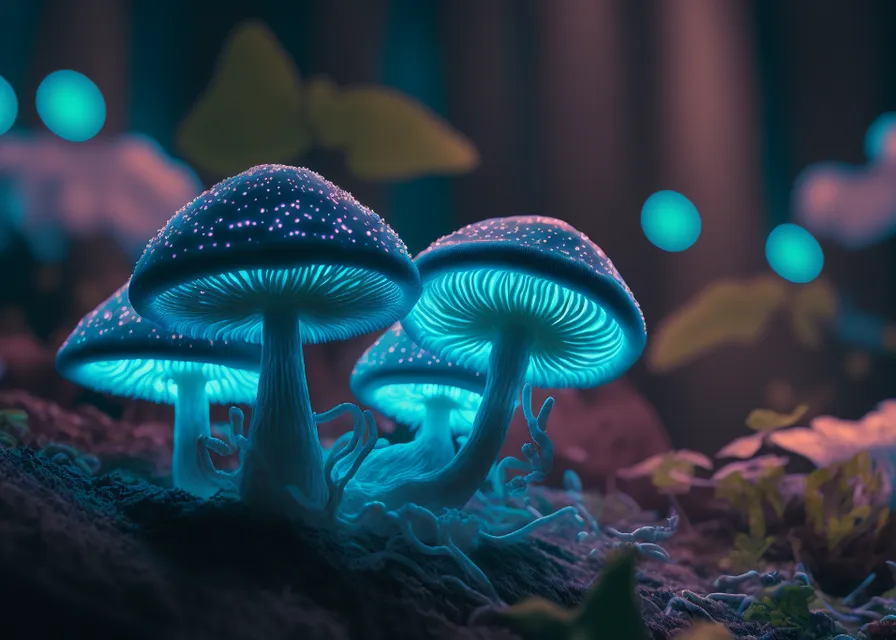 a group of glowing mushrooms sitting on top of a forest. water, marine invertebrates, vertebrate, jellyfish, bioluminescence, purple, underwater, azure, sky, organism