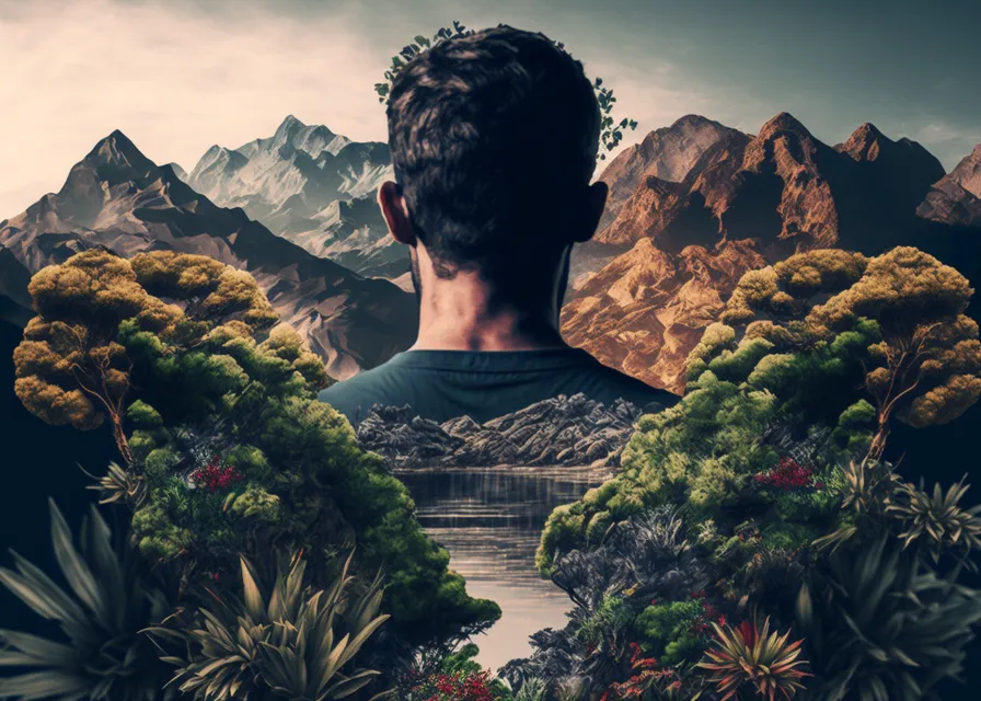 a man standing in front of a mountain range. cloud, sky, plant, daytime, mountain, world, leaf, people in nature, sunlight, flower