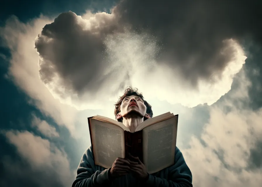 a man reading a book under a cloudy sky. cloud, sky, hand, atmosphere, daytime, world, flash photography, lighting, gesture, sunlight