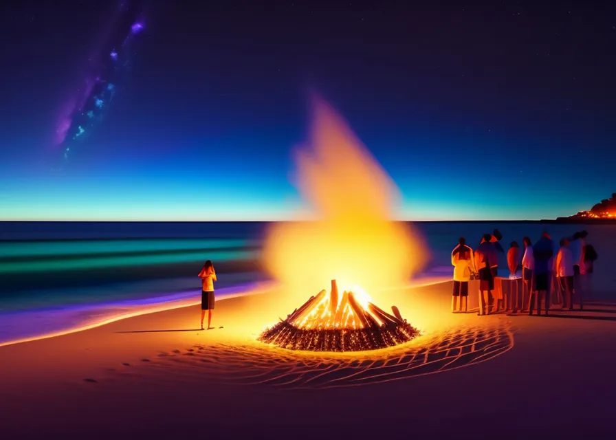 a group of people standing around a bonfire on a beach. sky, nature, landmark, horizon, natural landscape, landscape, event, space, entertainment, heat