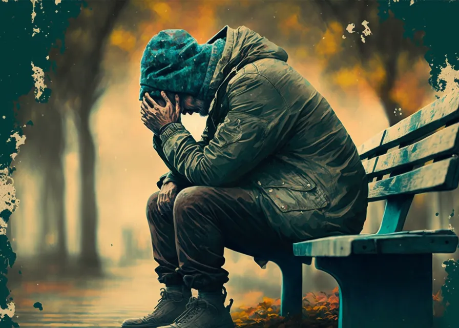 a man sitting on a bench in a park. cloud, people in nature, human, flash photography, lighting, gesture, happy, cool, electric blue, art