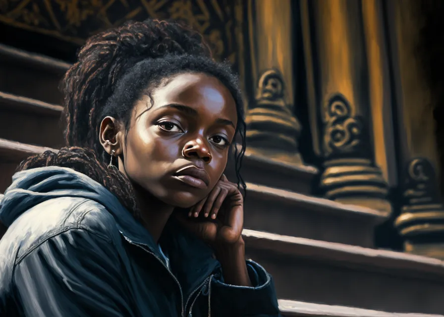 a painting of a woman sitting on some steps. flash photography, cornrows, audio equipment, dreadlocks, black hair, happy, eyewear, curtain, darkness, jewellery