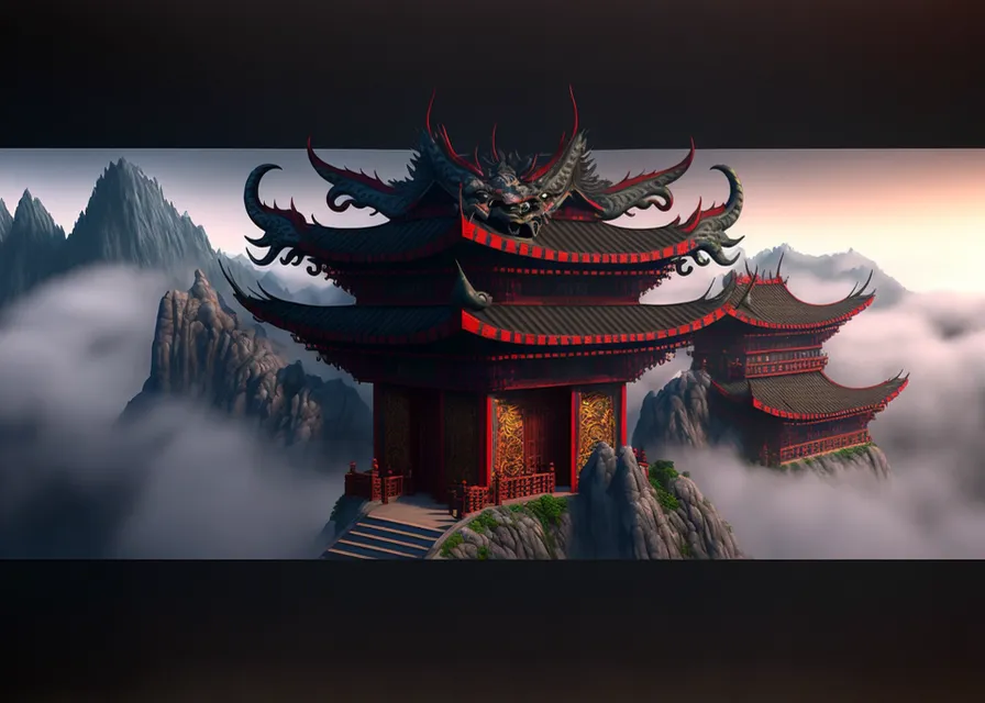 a picture of a chinese building in the clouds. sky, world, cloud, chinese architecture, art, plant, tree, cg artwork, pagoda, mountain