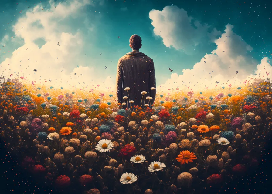 a man standing in a field of flowers. cloud, sky, atmosphere, flower, plant, people in nature, world, natural landscape, flash photography, gesture : 2 | blurry, ugly, deformed, jpeg, low resolution : -1