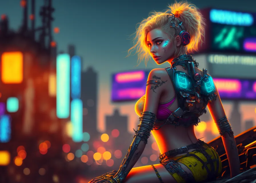 a woman in a futuristic city with neon lights. purple, cartoon, black hair, flash photography, cg artwork, entertainment, event, magenta, thigh, darkness