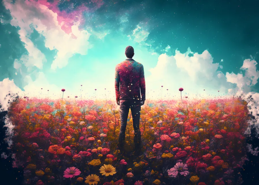 a man standing in a field of flowers. flower, cloud, plant, sky, people in nature, nature, flash photography, lighting, natural landscape, gesture