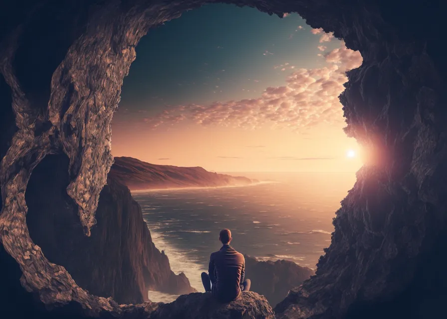 a man sitting in a cave looking out at the ocean. cloud, sky, water, atmosphere, world, nature, sunlight, mountain, body of water, coastal and oceanic landforms