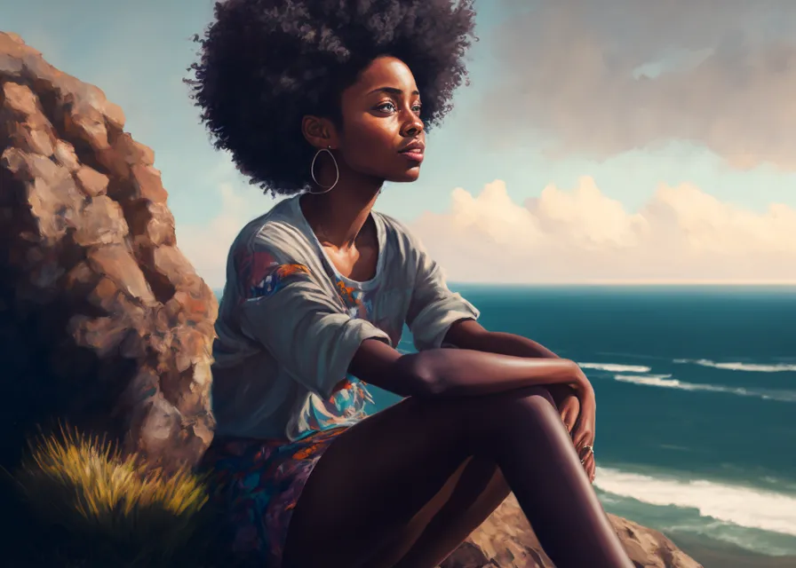 a painting of a woman sitting on a rock near the ocean. face, sky, water, cloud, hairstyle, people in nature, azure, human, flash photography, fashion