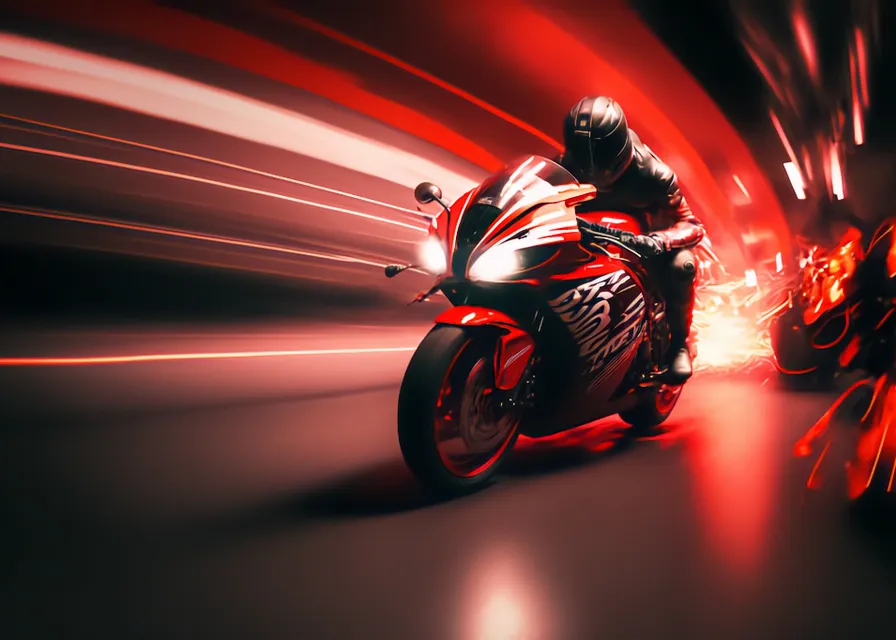 a man riding a red motorcycle down a street. tire, wheel, automotive lighting, vehicle, automotive tire, motorcycle, automotive design, motor vehicle, headlamp, alloy wheel
