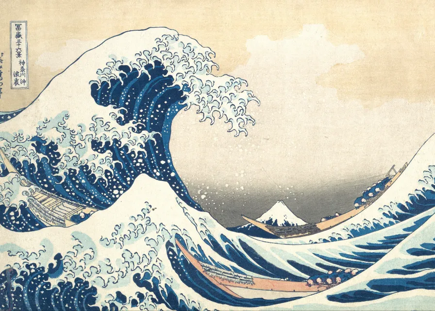 a painting of a large wave in the ocean. water, cloud, sky, world, liquid, art, natural landscape, slope, font, tsunami