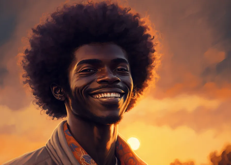 a painting of a man with a afro smiling. forehead, nose, face, smile, head, chin, hairstyle, jheri curl, eye, facial expression