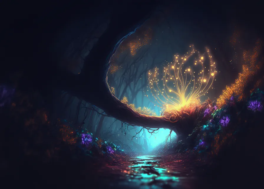 a painting of a forest in the night with a stream of water. water, fireworks, entertainment, a living plant with glowing stems, magic light