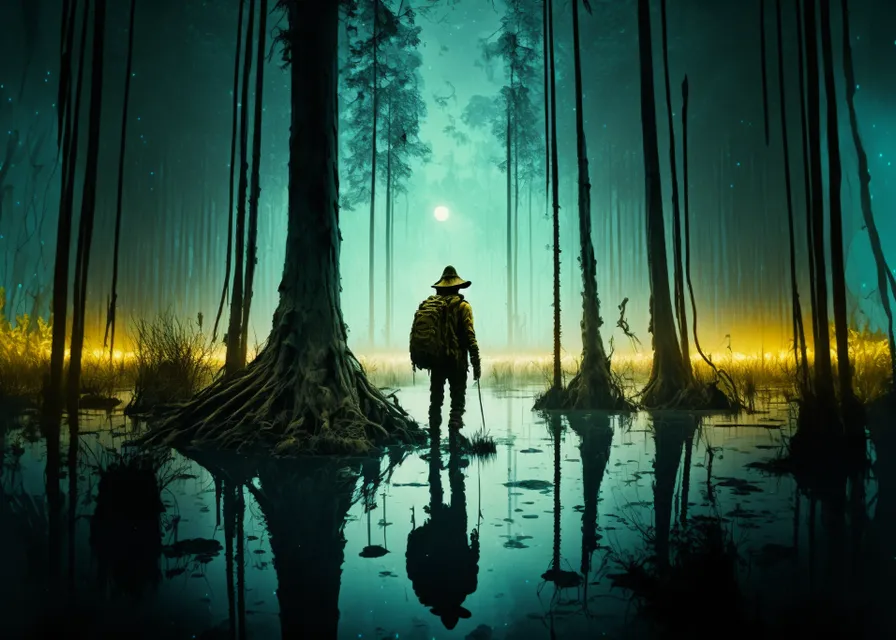 a man standing in the middle of a forest. water, plant, sky, window, blue, tree, people in nature, branch, wood, atmospheric phenomenon
