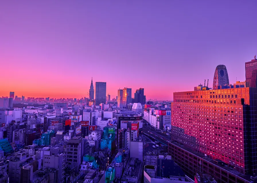 a view of a city at sunset from a tall building. skyscraper, building, sky, cloud, purple, world, dusk, tower block, afterglow, pink