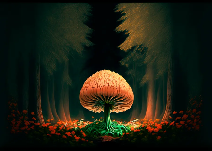 a painting of a mushroom in the middle of a forest. plant, atmosphere, natural environment, natural landscape, street light, tree, organism, vegetation, people in nature, grass