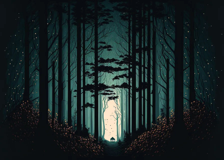 a person standing in the middle of a forest at night. people in nature, natural landscape, trunk, twig, tree, wood, font, art, tints and shades, painting