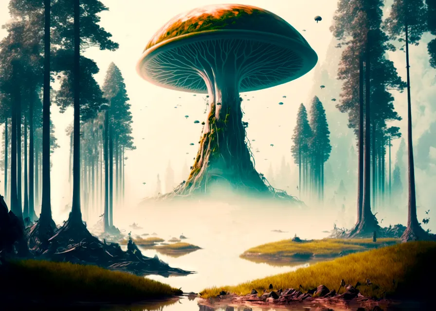 a painting of a mushroom in the middle of a forest. atmosphere, photograph, plant, sky, world, light, natural landscape, nature, natural environment, tree