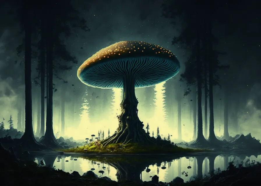 a painting of a mushroom in the middle of a forest. atmosphere, skyscraper, world, building, light, tower, water, atmospheric phenomenon, natural landscape, tints and shades