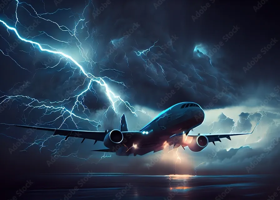 an airplane is flying in the sky with a lot of lightning. atmosphere, nature, vehicle, aircraft, airplane, thunder, aerospace manufacturer, jet engine, aviation, lightning