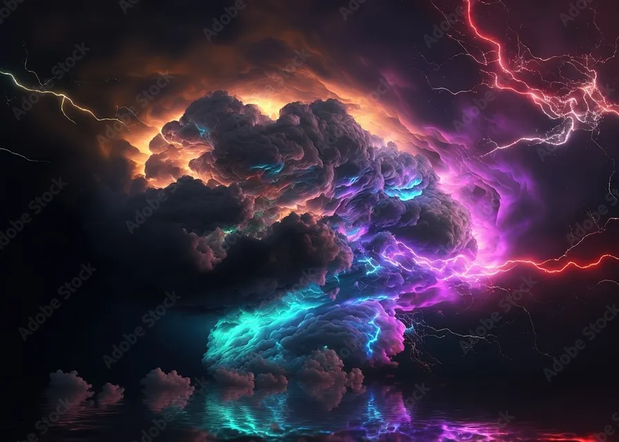 a colorful cloud filled with lots of lightning. atmosphere, sky, water, purple, cloud, violet, art, thunder, gas, geological phenomenon