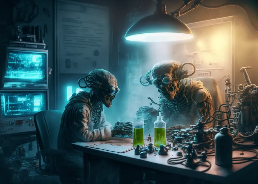 two aliens are working on a project in a dark room. human, lighting, table, darkness, art, machine, desk, event, games, illustration
