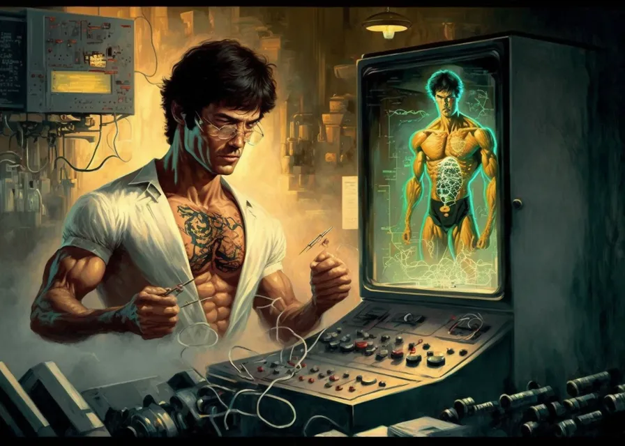 a painting of a man holding a controller in front of a computer. muscle, art, artist, indoor games and sports, electronic musical instrument, games, flash photography, eyewear, tattoo, visual arts