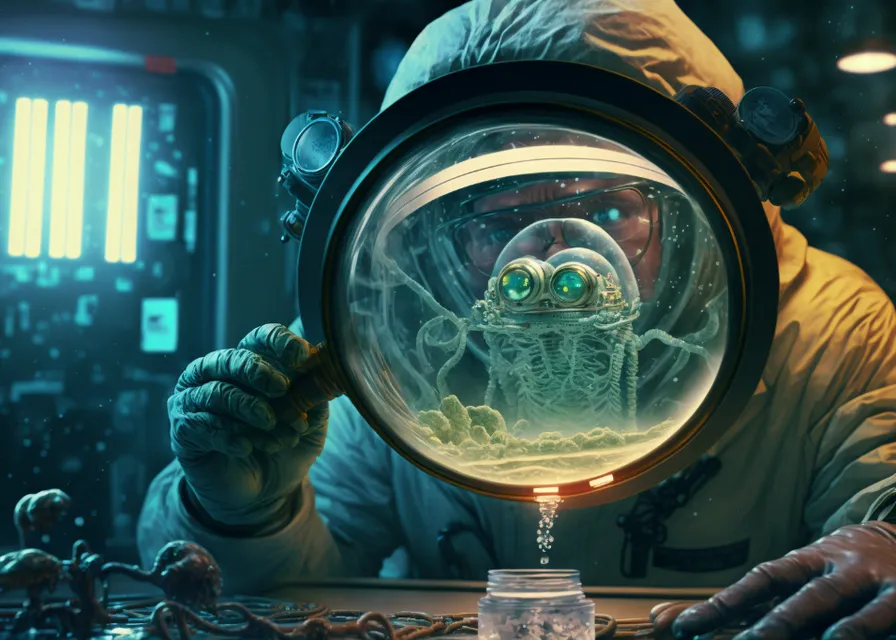 a man looking through a magnifying glass at a creature. photograph, automotive lighting, fun, glass, leisure, event, personal protective equipment, stock photography, headlamp, circle