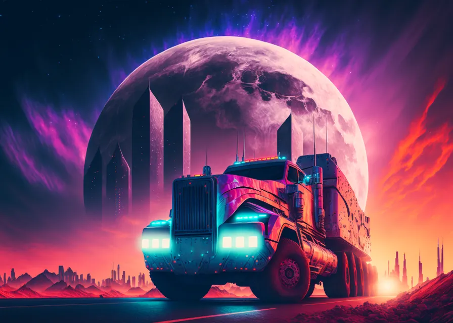 a large truck driving down a road under a moon filled sky. atmosphere, light, sky, nature, purple, world, wheel, lighting, automotive design, art