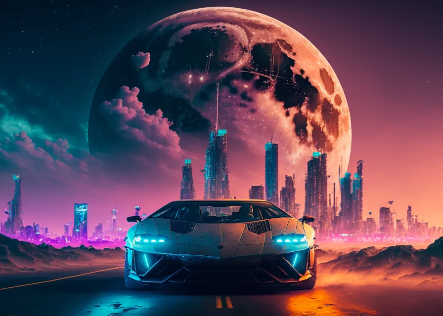 a car driving down a road in front of a giant moon. atmosphere, vehicle, car, wheel, sky, world, automotive lighting, light, cloud, tire