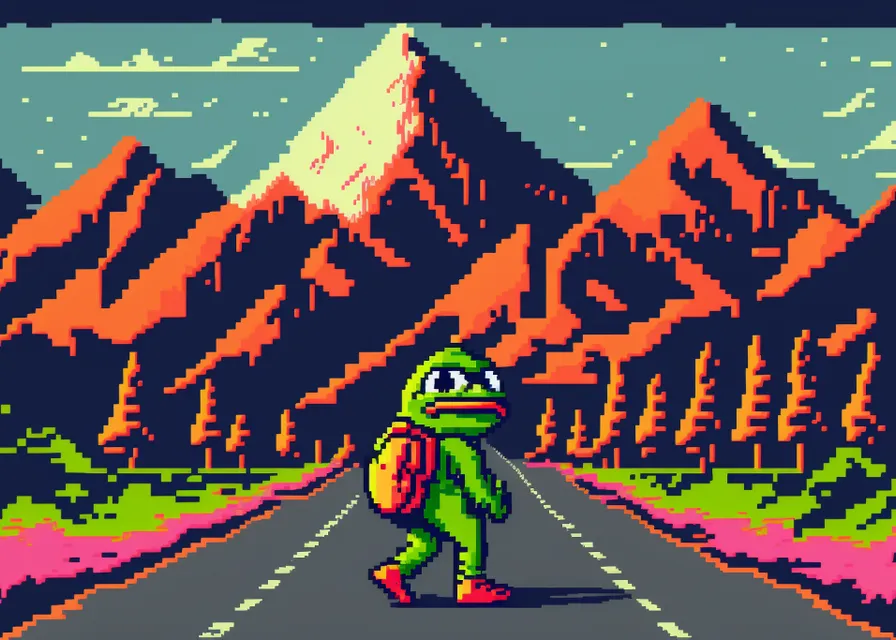 a pixel art picture of a person walking down a road. people in nature, nature, world, natural environment, natural landscape, slope, organism, tree, font, biome