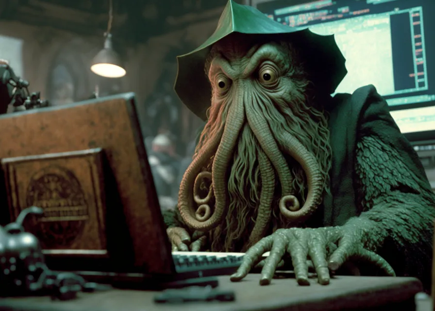a man in a green hat sitting in front of a computer. art, wood, artifact, metal, visual arts, glass, carving, fictional character, illustration, antique