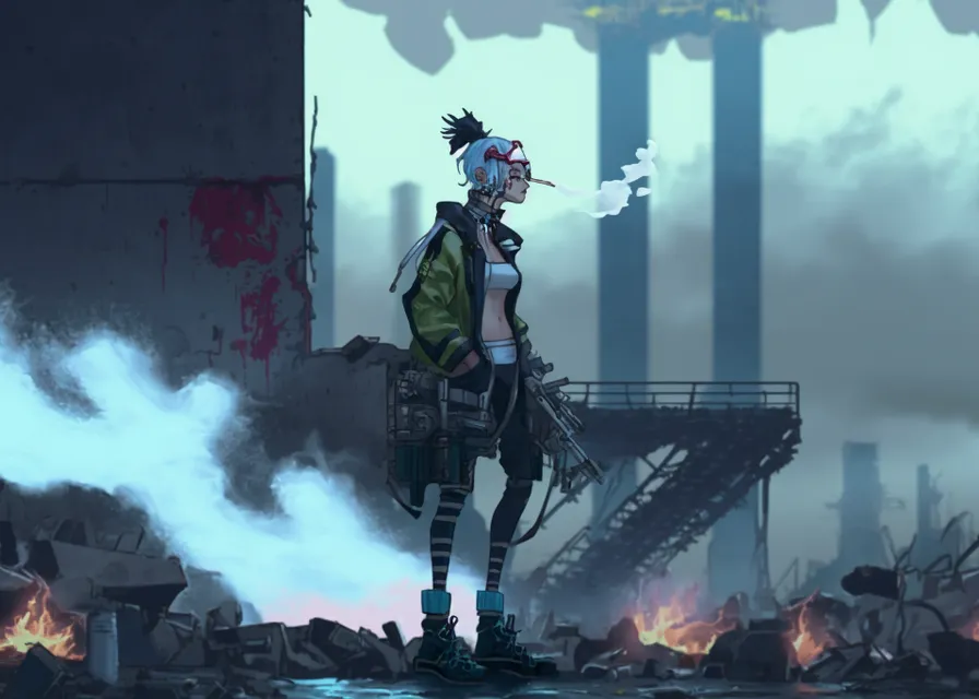 a woman standing in front of a factory. world, cg artwork, event, shooter game, action-adventure game, city, video game software, fictional character, sky, pc game