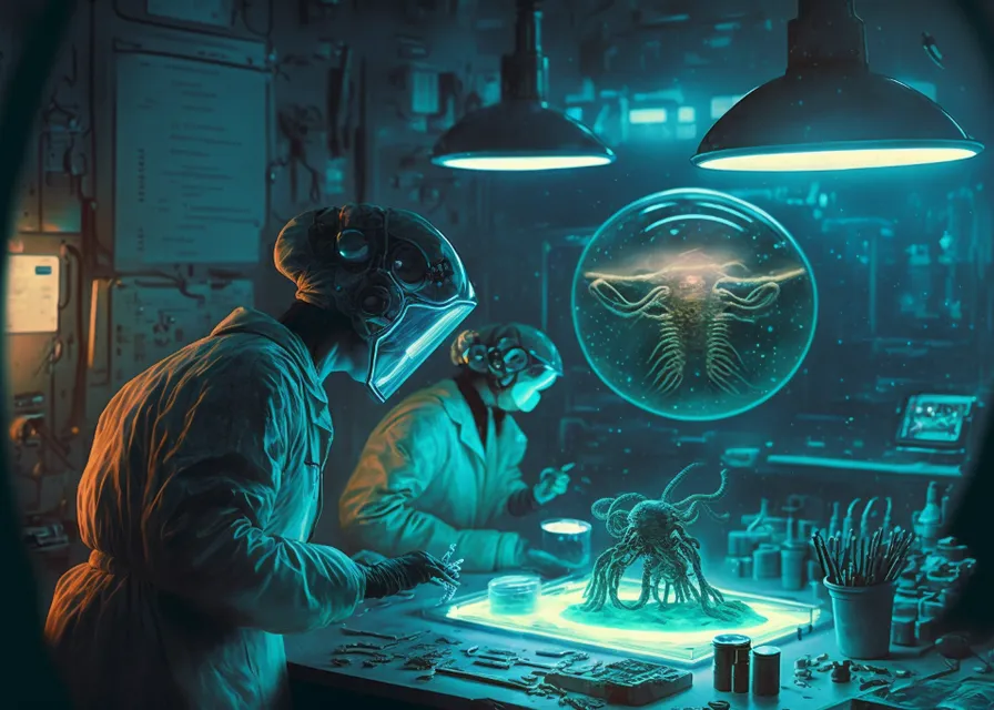 a man in a lab looking at a model of a creature. blue, table, automotive lighting, art, electric blue, darkness, technology, glass, space, fun