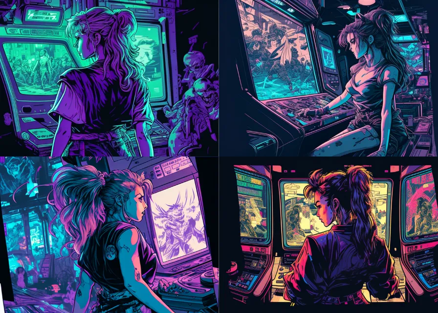 beautiful ladies sitting in front of a computer screen. purple, organism, art, comic book, magenta, cg artwork, technology, fictional character, cyberpunk style