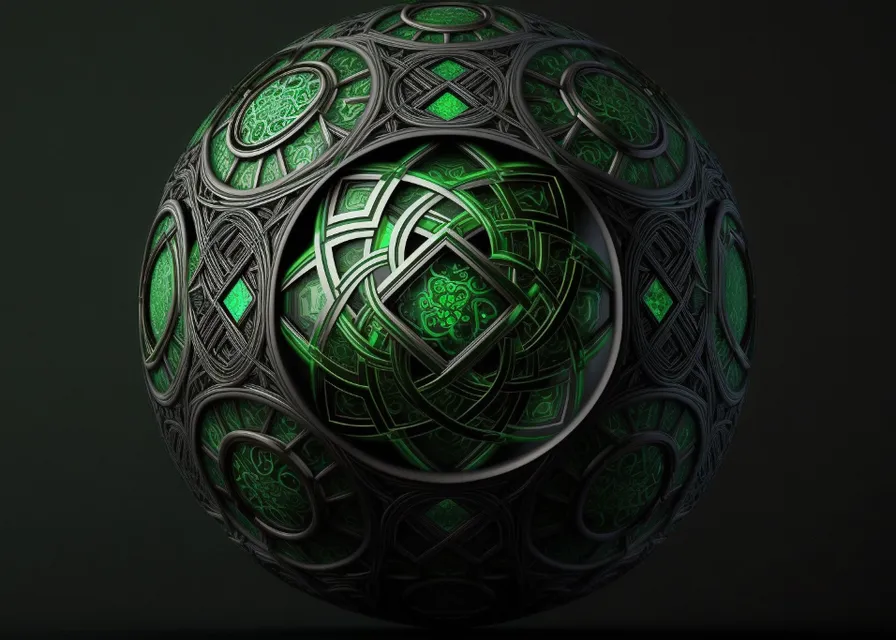 a green ball with intricate designs on it. ball, art, circle, darkness, symmetry, pattern, fractal art, font, soccer ball, ball